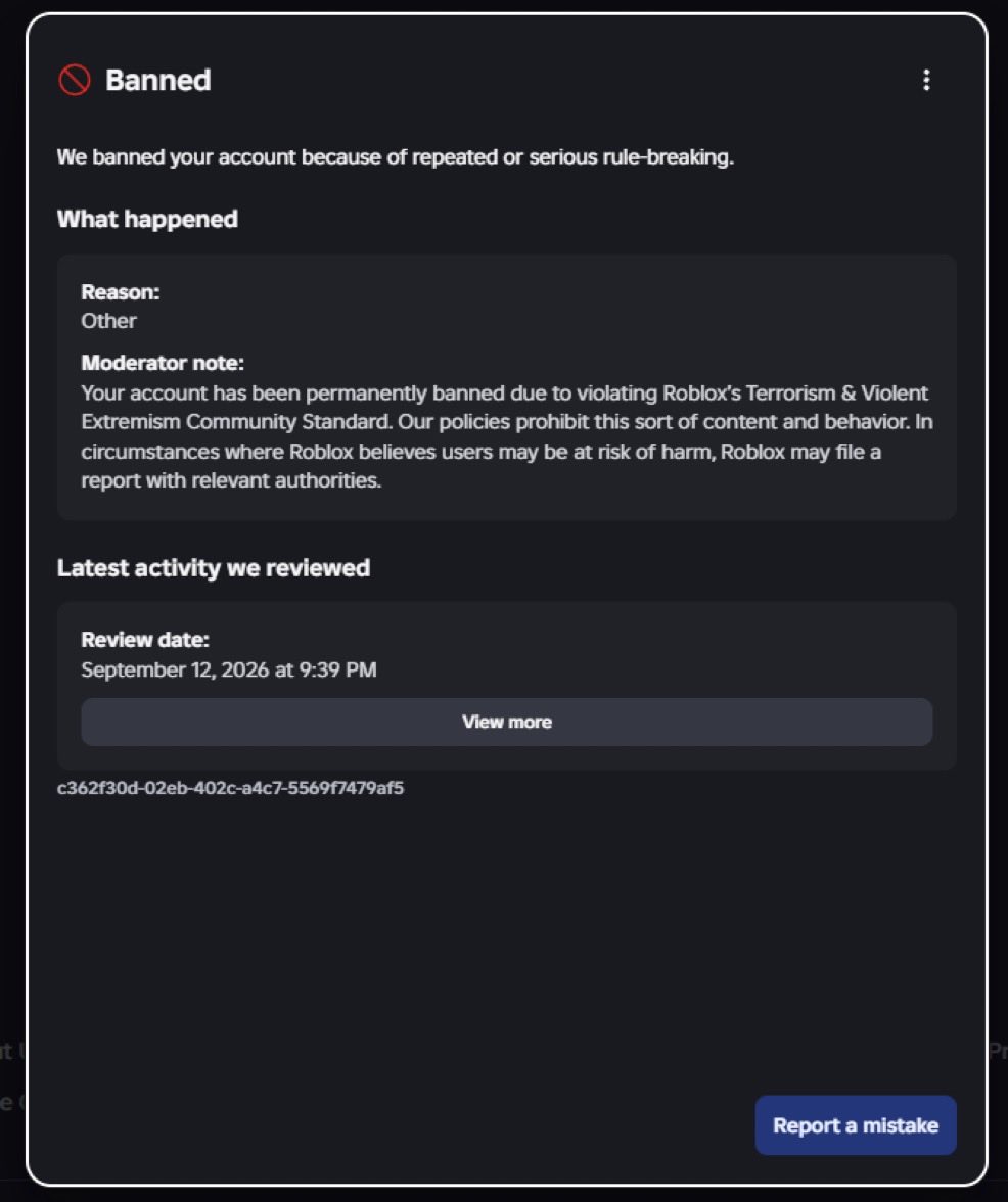 cheffishrbx's tweet photo. My friend @BubaBooBooBuble recently got banned by Roblox falsely with no reasoning, no proof, we even asked via the ROA law in the EU and no response but AI, please let us get in touch with someone and resolve this false bs.
@Roblox #Roblox 
pls repost to help🚨 https://t.co/JwROvbhbPY