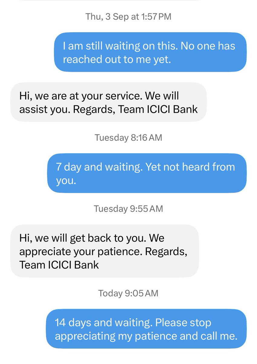 sushilsonar's tweet photo. @ICICIBank @ICICIBank_Care What is the standard wait time to get a call from you after raising the complaint? I have been waiting from 14 days now (I’m not counting 2 months of agony your “Head Services Quality” gave me)… would you care to reach out? https://t.co/rndZc6eiy3