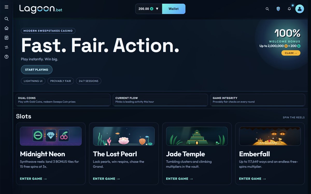 LagoonBet's tweet photo. You just deposited $100 and have a fresh Welcome Bonus of 200 SC total in your account. Which slot are you hitting first, Midnight Neon or The Lost Pearl? https://t.co/T8tHjA54Bt