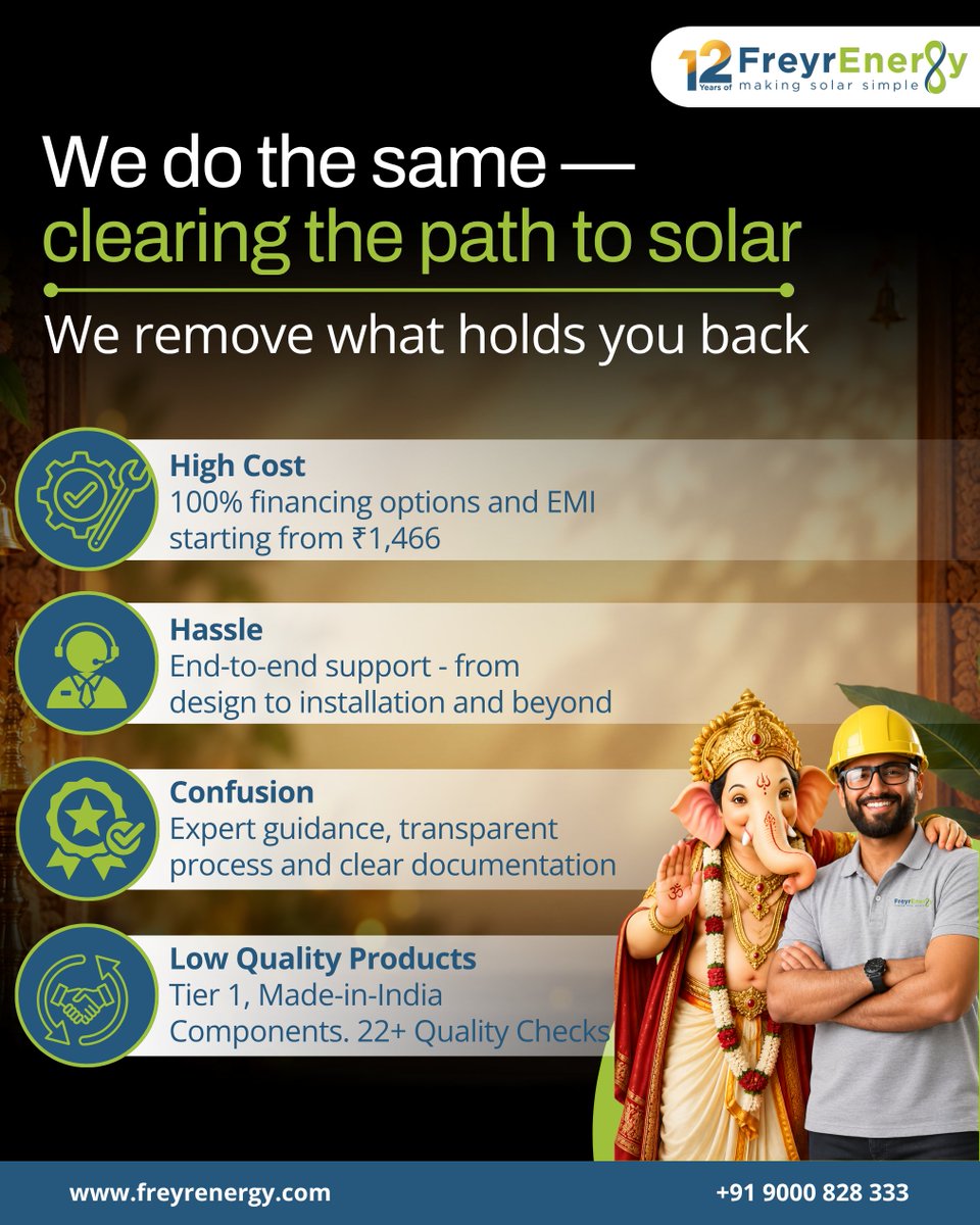 FreyrEnergy's tweet photo. This Ganesh Chaturthi, may every obstacle make way for brighter beginnings. 
Just as Bappa clears the path, we believe going solar should feel just as simple.

At Freyr Energy, we help you move past the common roadblocks.

📞 9000 828 333
🌐 https://t.co/z1m58Va73V

#FreyrEnergy https://t.co/9xlCwRsObc