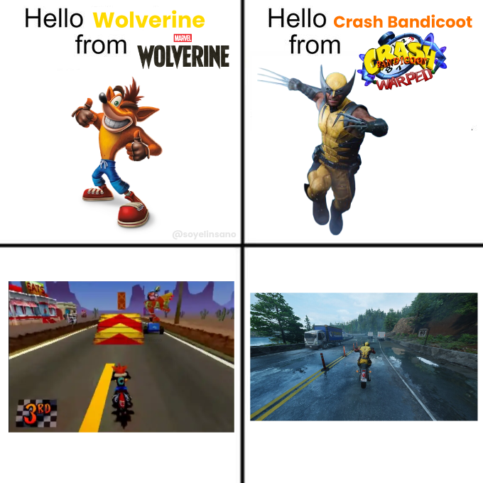 SoyElInsano's tweet photo. Quien diría que el juego de Wolverine le hace homenaje al Crash Warped JAJA https://t.co/tgMpXvMElH