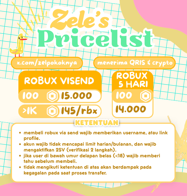 zelpokoknya's tweet photo. જ⁀➴ robux visend instant &amp; 5 hari
╰﹕proses cepat | 15k : 100r | qris &amp; rekber, @ after dm ya
= = = = = = = = = = = = = =
wa ꒱ https://t.co/mixW4fDZlw  
tele ꒱ https://t.co/bpJAvYtTFq
#zonauang https://t.co/jKQE5iS0gn