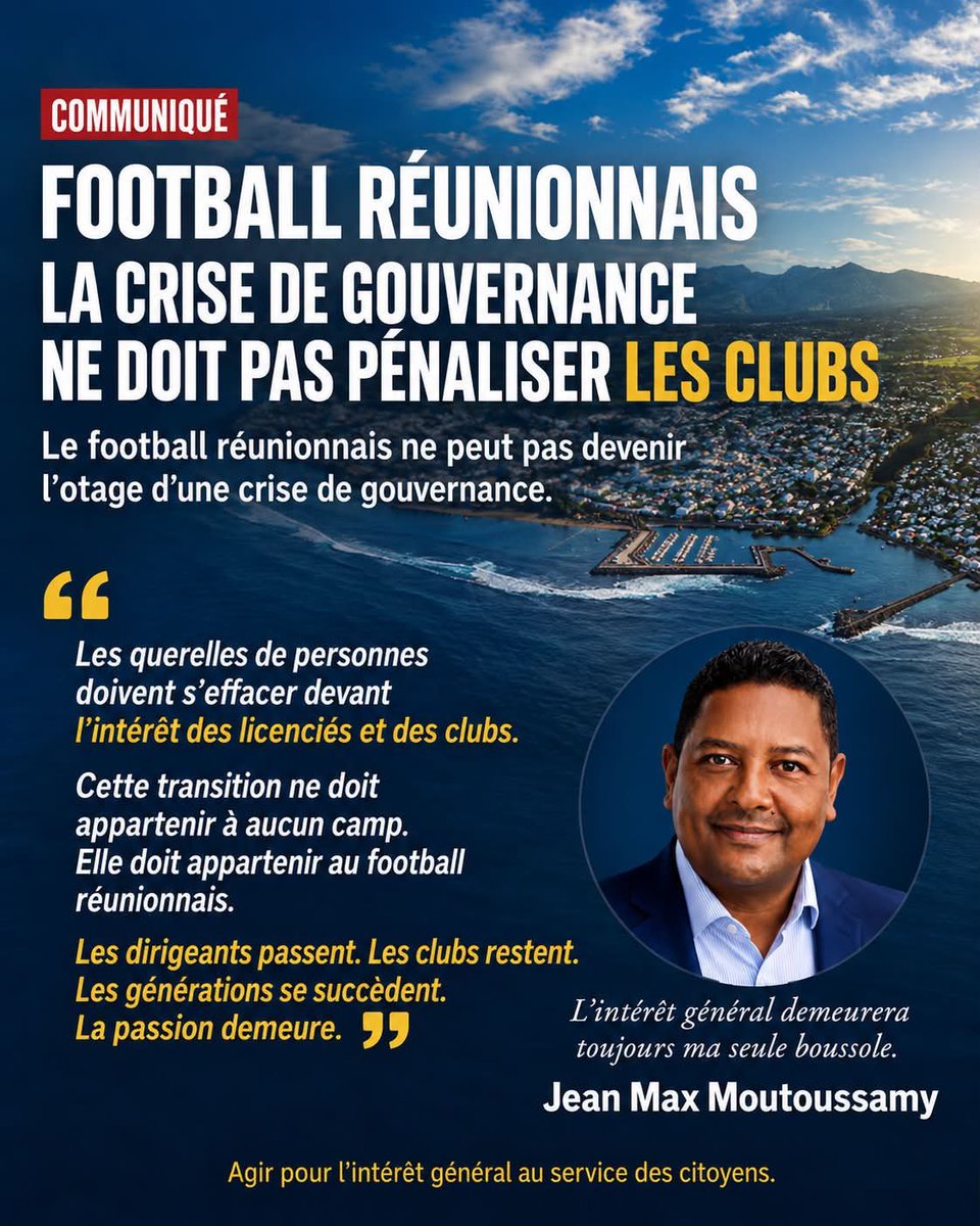 moutoussamy_jm's tweet photo. #LaRéunion #Football | 𝗦𝗼𝗿𝘁𝗶𝗿 𝗱𝗲 𝗹’𝗶𝗺𝗽𝗮𝘀𝘀𝗲 @LRF974 @FFF 

Dans l’attente de nouvelles élections, 𝗴𝗮𝗿𝗮𝗻𝘁𝗶𝘀𝘀𝗼𝗻𝘀 𝗹𝗮 𝗰𝗼𝗻𝘁𝗶𝗻𝘂𝗶𝘁𝗲́ 𝗱𝘂 𝗳𝗼𝗼𝘁𝗯𝗮𝗹𝗹 et protégeons les clubs et les licenciés. https://t.co/ImJafk7lte