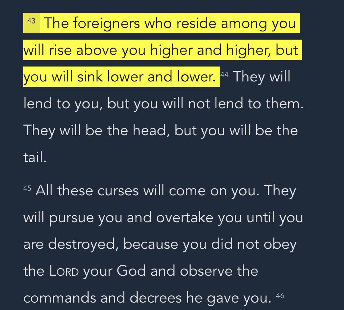 WilliamWolfe's tweet photo. That Bible teaches that being replaced and ruled over by foreigners is a curse, not something to be celebrated (Deuteronomy 28:43) https://t.co/ztAMQObJRL