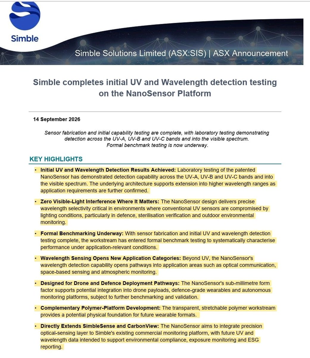 YellowStripeASX's tweet photo. $SIS #ASX ($11M MC) NEWS
#Nanosensor #AI #SensorTech
⏩️Sensor fabrication & initial capability testing are complete, Formal benchmark testing is now underway⏪️
⏩️INITIAL UV & WAVELENGTH DETECTION RESULTS ACHIEVED: Laboratory testing of the patented NanoSensor has demonstrated detection capability across the UV-A, UV-B and UV-C bands and into the visible spectrum. The underlying architecture supports extension into higher wavelength ranges as application requirements are further confirmed.
⏩️ZERO VISIBLE-LIGHT INTERFERENCE WHERE IT MATTERS: The NanoSensor design delivers precise wavelength selectivity critical in environments where conventional UV sensors are compromised by lighting conditions, particularly in defence, sterilisation verification and outdoor environmental monitoring