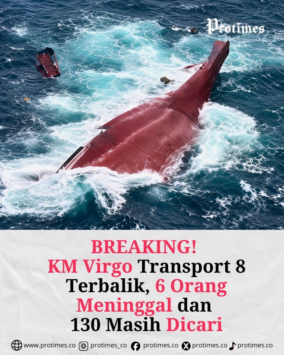 protimesdotco's tweet photo. Kapal rute Surabaya–Banjarmasin terbalik setelah diterjang cuaca buruk. Dari 243 orang di dalam kapal, 107 selamat, 6 meninggal dunia, sementara 130 lainnya masih dalam pencarian.

Tim SAR gabungan terus melakukan evakuasi dan pencarian korban. https://t.co/q4N1ieWXdu