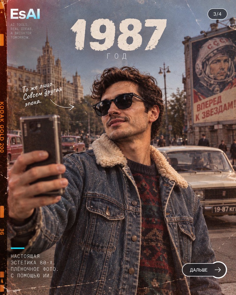 esaikg's tweet photo. Берём обычную фотографию и говорим ИИ:
«Верни меня в 1987 год».
Он должен сохранить лицо, но изменить всё остальное — одежду, причёску, улицу, машины, свет, плёнку.
И попробовать разные годы.
1987 vs 1997 vs 2007.
В каком году вы бы хотели увидеть себя? 👇
#AI #AIфото #Нейросети https://t.co/5zktjmXAmI