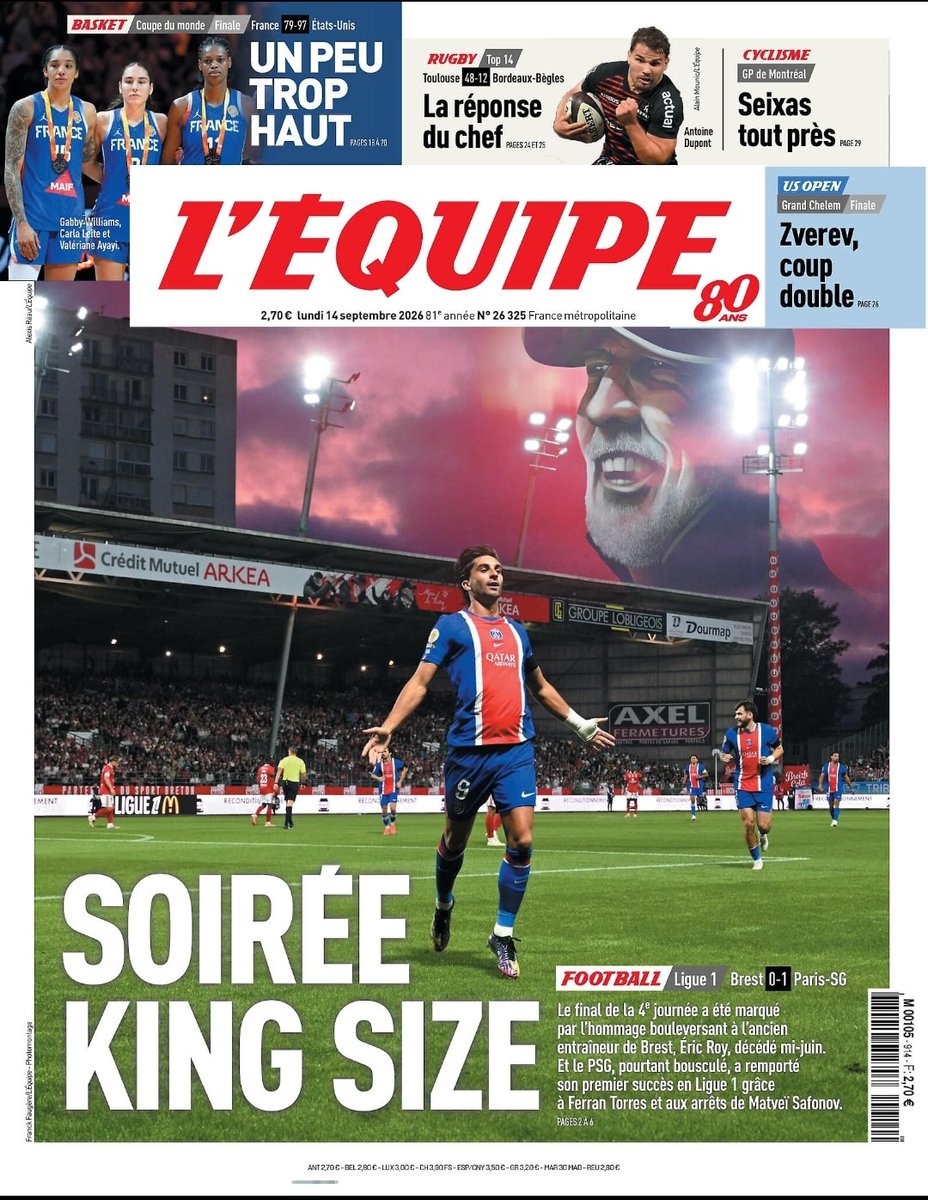 Larevuedepres's tweet photo. 🗞️ La une du journal L'Équipe du lundi 14 septembre 2026
#PSG #BrestPSG #Brest #EricRoy https://t.co/8xJ0eCCf4h