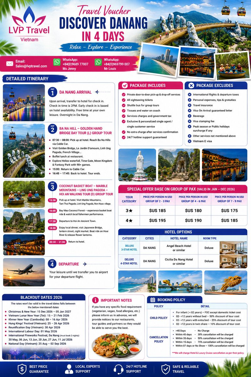 LvpTravel's tweet photo. 1.🏝️ Saigon &amp; Phu Quoc – 6 Days / 5 Nights
Ho Chi Minh City • Mekong Delta • Phu Quoc
 2.✨ Vietnam Grand Tour – 10 Days / 9 Nights
Hanoi • Ninh Binh • Halong Bay • Da Nang • Hoi An • Ho Chi Minh City
3.🇻🇳🇰🇭 Vietnam + Cambodia – 10/11 Day https://t.co/g9gTEVNcqC