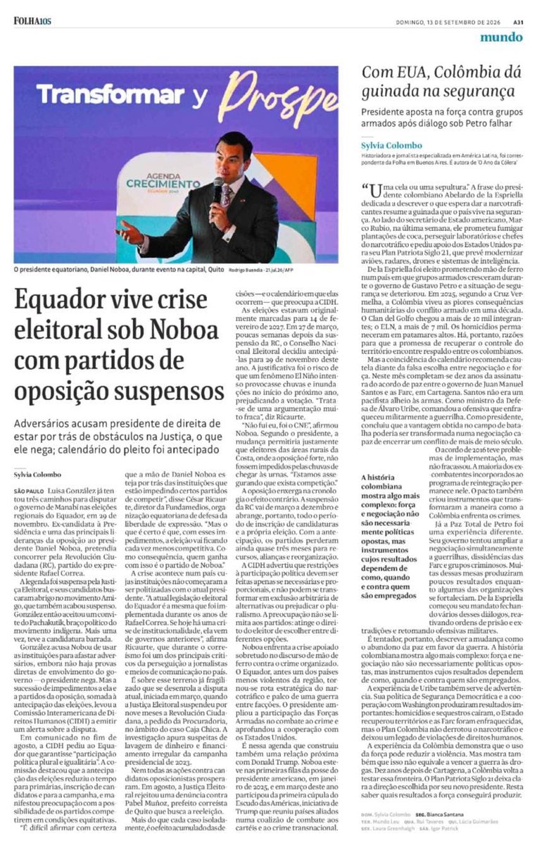 GuillaumeLong's tweet photo. Titular de @folha, el mayor diario de Brasil: “Crisis electoral en Ecuador bajo el mandato de Noboa, con partidos de oposición suspendidos.”

Allí donde la prensa internacional pone los ojos sobre Ecuador, se habla de deriva autoritaria y de elecciones sin oposición. A la internacional, la tienen clara. 

https://t.co/dsJg73hdN0