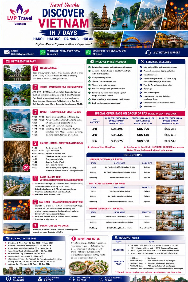 LvpTravel's tweet photo. 1. 🏮 Central Vietnam Escape – 5 Days / 4 Nights
Da Nang • Ba Na Hills • Hoi An • Hue
 Beaches, culture, shopping &amp; the Golden Bridge.
2. 🌴 South Vietnam Experience – 5 Days / 4 Nights
Ho Chi Minh City • Cu Chi Tunnels • Mekong Delta
 Explore Vietnam’s vibrant south https://t.co/dOoLZZ6jd1