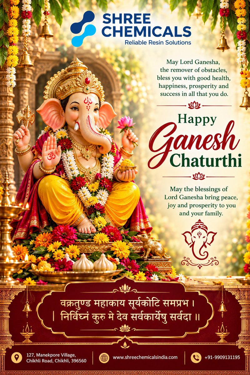 ShreeChemtrx's tweet photo. Happy Ganesh Chaturthi! 🙏

May Lord Ganesha bless every new beginning with wisdom, prosperity and success, and remove all obstacles from our journey.

Ganpati Bappa Morya! 🌺

#GaneshChaturthi #GanpatiBappaMorya #NewBeginnings #Prosperity #ShreeChemicals https://t.co/QGOdBb8EVc