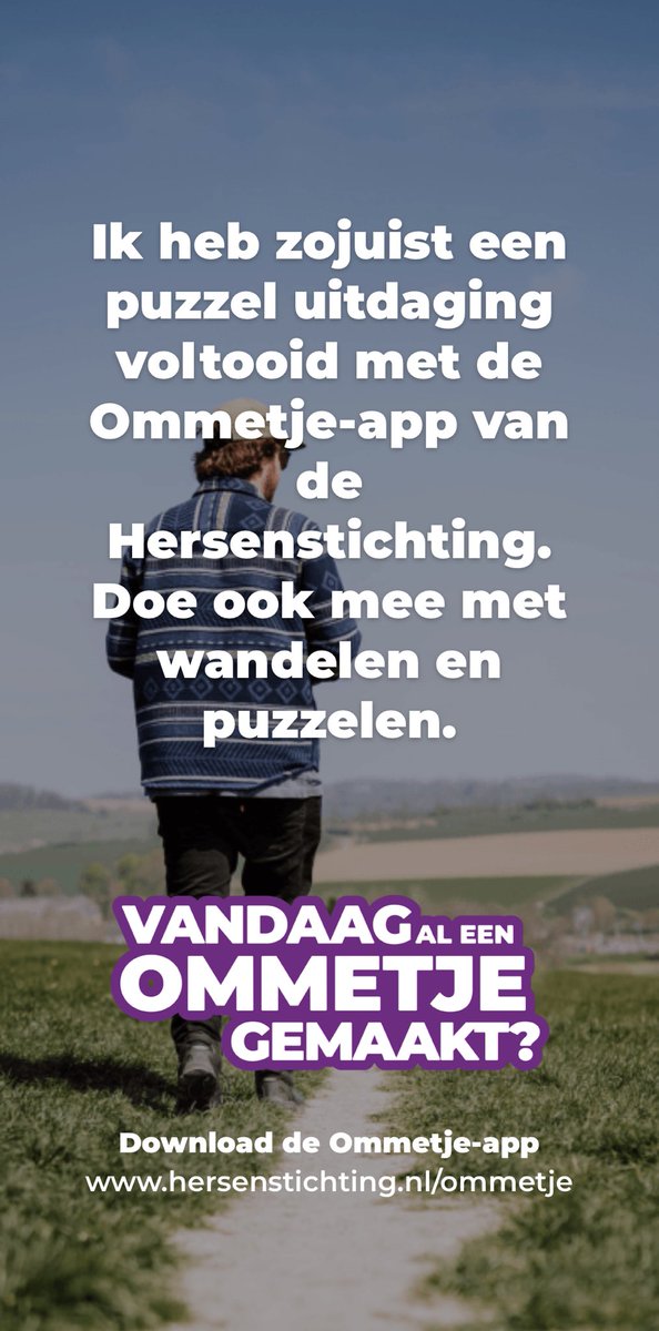 Propiis_verbis's tweet photo. Ik heb zojuist een puzzel uitdaging voltooid met de Ommetje-app van de Hersenstichting. Doe ook mee met wandelen en puzzelen. https://t.co/WfaPuP54wf