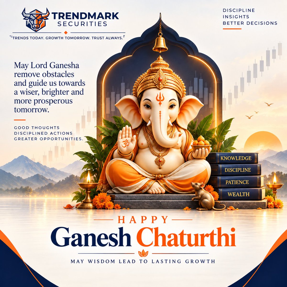 TrendMarkSec's tweet photo. 🙏✨ Happy Ganesh Chaturthi! ✨🙏

May Lord Ganesha remove every obstacle and bless us with wisdom, discipline, patience and prosperity.

Just like in the markets, the right decisions come from knowledge, patience and discipline — not haste.

🌺 May wisdom guide our actions and lead us towards a brighter tomorrow.

Ganpati Bappa Morya! 🐘🧡

#TrendMarkSecurities #GaneshChaturthi #GanpatiBappaMorya #Nifty #Sensex #BSE #NSE #IndianStockMarket #MarketEducation #Wisdom #Discipline #Patience
