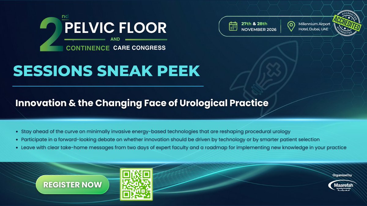 UrologyConf_'s tweet photo. Session 8 closes the congress with a forward-looking exploration of where urological practice is headed
Click to register 👉🏻https://t.co/fZPPOZ8kuV 
#2ndPelvicFloorCongress #ContinenceCare #Dubai #MedicalEvents #maarefah https://t.co/0qVHlxL7Jz