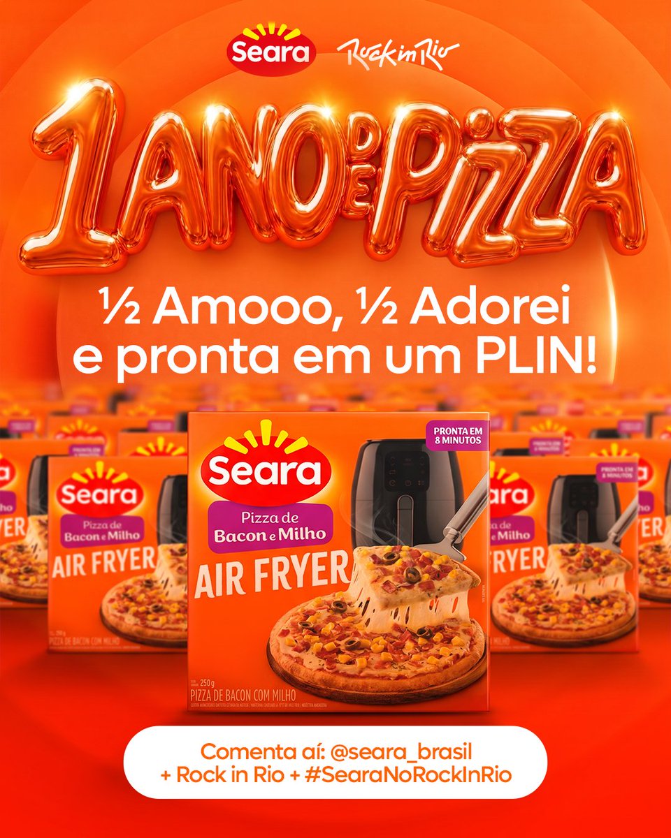 seara_brasil's tweet photo. Tudo sempre acaba em  _ _ _ _ _
PIZZA? SEARA? PIZZA SEARA!

É POR NA AIRFYER E PLIN!

Batendo 2K de comentários ATÉ 9H DE HOJE com nossa hashtag + @seara_brasil + Rock in Rio o mais engajado LEVA 1 ANO DE PIZZA!

acabou :(

*O ano representa 365 caixas do produto https://t.co/oOjChb0QQU