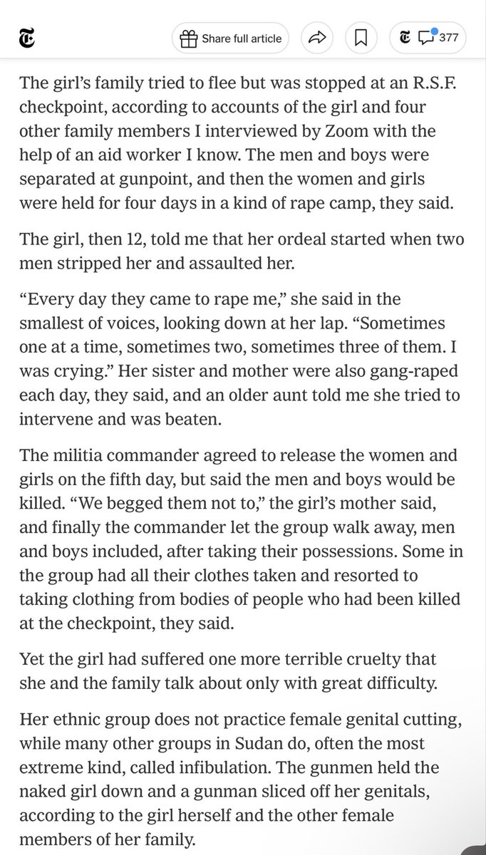 DropSiteNews's tweet photo. “Every day they came to rape me.”

A Sudanese girl, now 13, told NYT columnist Nicholas Kristof that Rapid Support Forces fighters repeatedly raped her and subjected her to genital mutilation after her family attempted to flee El Fasher, in Darfur last year. 

The girl now struggles to walk and lacks adequate food and medical care at a displacement camp in Tawila. Relatives corroborated her account, and aid workers told Kristof the family had told them the same story.

In his September 12 column, Kristof examines how Biden and Trump recognized genocide in Sudan but refuse to hold the RSF’s chief backer, the UAE, accountable.