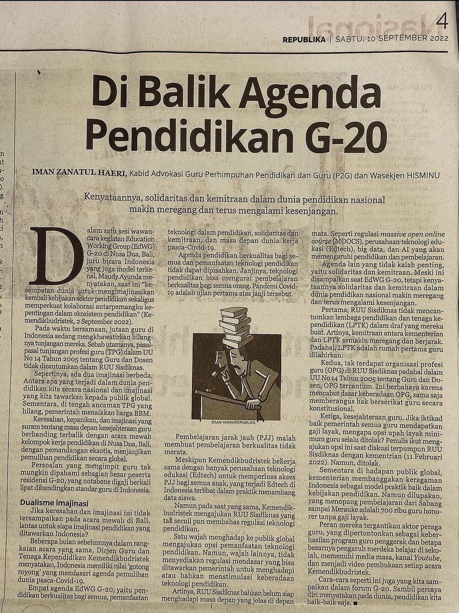 zanatul_91's tweet photo. Mengenai Maudy Ayunda, tidak mengejutkan kalau ditengah kekacauan ini dia mempersoalkan beritanya. Sebab sejak awal dia hanya ingin melihat Indonesia dari kacamata tanpa persoalan. 

Tahun 2022, ketika guru-guru sedang cemas karena pasal Tunjangan guru akan di hapus dalam RUU Sisdiknas yang diusulkan Nadiem, Maudi Ayunda sedang di Bali, menikmati jamuan mewah, dengan pemandangan eksotis, untuk membahas EDWG G-20. 

Maudy mewakili Indonesia yang dengan optimis ia menyatakan Indonesia siap untuk digitalisasi pendidikan. 

Padahal disaat yang sama, platform pendidikan telah menjadi tiran aplikasi bagi guru. Saya menulis momen itu dalam opini di Republika. Supaya orang tidak lupa kepada siapapun yang berpesta ditengah penderitaan kita semua.