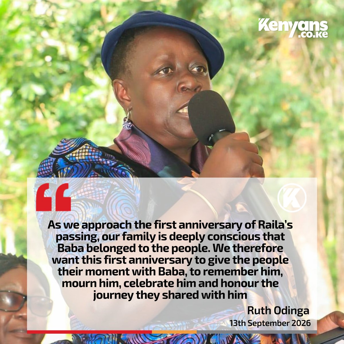 Kenyans's tweet photo. Baba belonged to the people. Therefore, as his family we want this first anniversary to give the people their moment with him - Ruth Odinga https://t.co/IVlaMtYQ2t