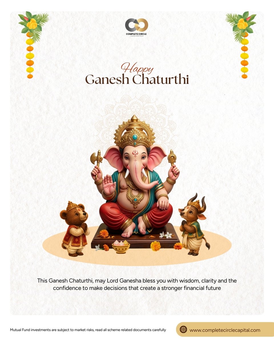 Compcircle's tweet photo. May Lord Ganesha bless you with the wisdom to make thoughtful decisions, the patience to stay the course, and the strength to overcome every obstacle along the way. 🙏✨

Happy Ganesh Chaturthi! 🪔🐘

#ganeshchaturthi #financialfreedom #mutualfunds #wealthmanagement https://t.co/mwmjp4M5AN