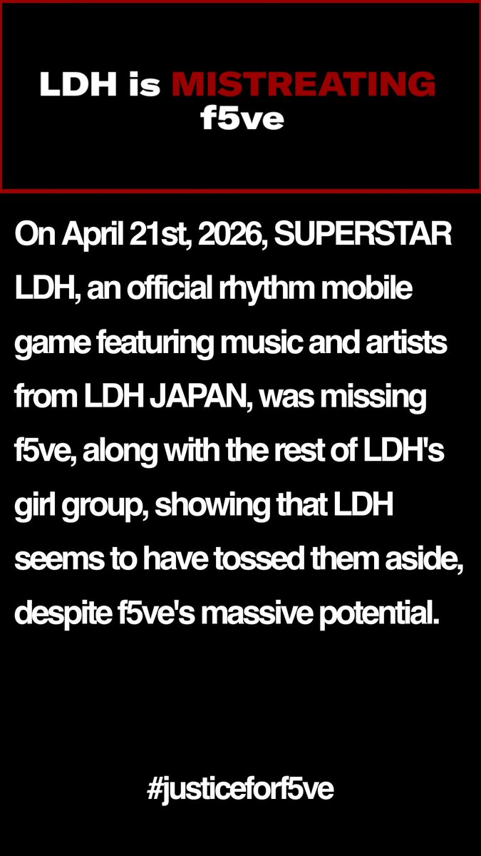 brnstunnr's tweet photo. PLEASE DON'T IGNORE THIS. 
f5ve is being HEAVILY MISTREATED BY LDH.
Below is a small thread of LDH's terrible actions.
#justiceforf5ve

(sources mainly from @thef5vefiles) https://t.co/sc7Se1J2jE