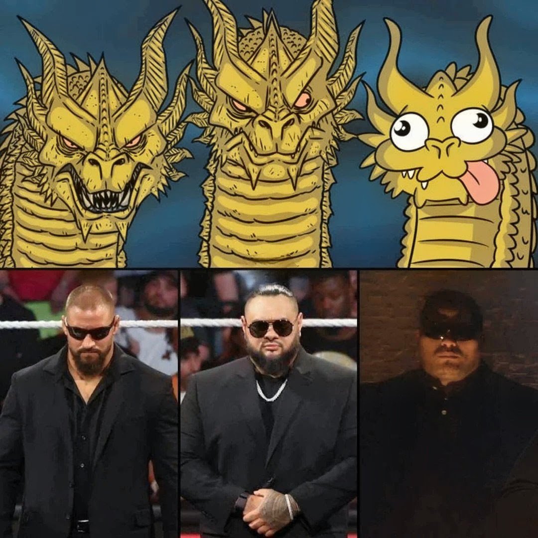 Toobusy001's tweet photo. Two menacing Enforcers... and then there’s Paul Heyman trying his absolute hardest to blend in. The Bloodline visual contrast never fails to deliver.

Who pulled off the suit-and-sunglasses look best here, and who looks like they got lost on the way to security detail? https://t.co/EeaazERjuH