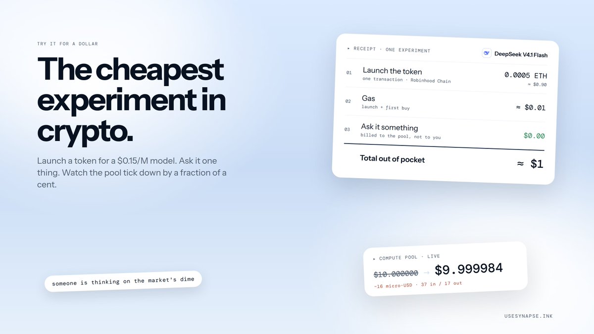 synepsepad's tweet photo. Cheapest experiment in crypto right now: launch a token for a $0.15/M model, ask it something, see the pool tick down by a fraction of a cent. Total spend: about a dollar.

Don't want to launch? Fine. Watch the pool. When it moves, someone somewhere is thinking on the market's dime.

If you've ever paid for an API key, you already understand this product. Now imagine the key was paid for by other people's trades.
