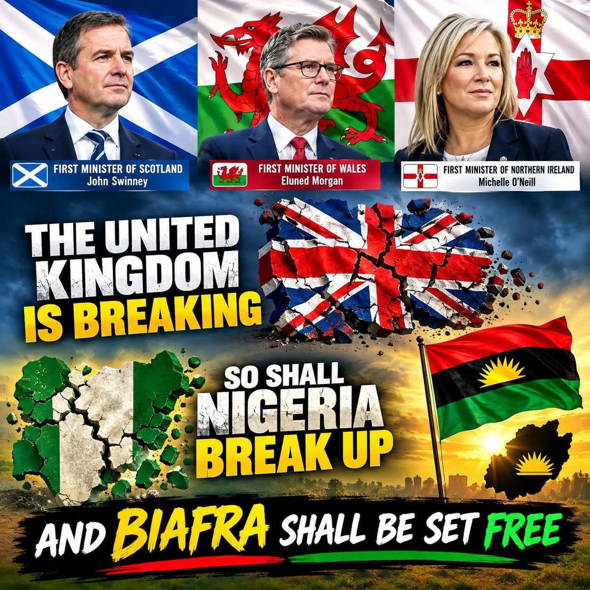biafranvanguard's tweet photo. 🇬🇧 UK IS FALLING APART  AND HISTORY IS SPEAKING

September 13, 2026

For generations, Britain presented itself as a model of union, parliamentary government and territorial integrity. Yet the history of the United Kingdom itself tells a more complicated story: the British state was not created as one indivisible nation from the beginning. It was built through a series of political unions, parliamentary Acts, conquest, incorporation and, in Ireland, eventually partition.

Today, that history is once again being placed under the spotlight. On Monday, 14 September 2026, the leaders of Scotland, Wales and Northern Ireland are expected to meet in Cardiff to sign a joint declaration calling for the right of their nations to pursue self-determination and hold independence referendums.

The proposed declaration covers cooperation on areas including the economy, energy and Europe. It is particularly significant because pro-independence parties currently lead the governments of all three devolved nations.
This does not mean that the United Kingdom is already breaking apart. The declaration itself would not automatically make Scotland, Wales or Northern Ireland independent. Rather, it represents a major political demand for the right of these nations to determine their own constitutional futures.

And that raises an important question for Britain: If self-determination is a legitimate principle for the peoples within the United Kingdom, why should that principle be treated differently when it is demanded by the people of Biafra?

HOW THE UNITED KINGDOM WAS CREATED

The United Kingdom developed over centuries.
England and Wales were brought under the English Crown through the Laws in Wales Acts of the 16th century. Scotland remained a separate kingdom for centuries, although Scotland and England shared a monarch from 1603 after James VI of Scotland became James I of England.

The decisive political union between England and Scotland came through the Acts of Union of 1707. Both the English and Scottish Parliaments approved the legislation, creating the Kingdom of Great Britain and a single Parliament at Westminster.

Ireland was subsequently incorporated into the United Kingdom through the Act of Union 1800, which came into effect in 1801 and created the United Kingdom of Great Britain and Ireland.

But that arrangement did not remain permanent. Following the Irish struggle for independence, most of Ireland left the United Kingdom in 1922 and became the Irish Free State, while six counties in Northern Ireland remained within the United Kingdom.

The history therefore demonstrates something fundamental: The United Kingdom itself has changed its territorial boundaries repeatedly. States and unions are political arrangements. They can be created, modified or dissolved when political circumstances and popular demands change.

THEN CAME THE BRITISH CREATION OF NIGERIA

The same British imperial system extended into West Africa. Before colonial rule, the territory now called Nigeria was not one political nation. It contained numerous peoples, kingdoms, emirates, city-states and societies with their own political institutions and histories.

Among them were the Sokoto Caliphate and numerous northern emirates, Yoruba kingdoms and states, Igbo-speaking communities with largely decentralised political systems, the Benin Kingdom, the Niger Delta communities and many other societies.

Britain progressively conquered and administered these territories. In 1914, British colonial authorities amalgamated the Northern and Southern Protectorates of Nigeria under one colonial administration. Lord Frederick Lugard, the British Governor-General, formally proclaimed the amalgamation on 1 January 1914. British records and historical accounts make clear that this was an administrative and imperial decision made by the colonial government.

1/4