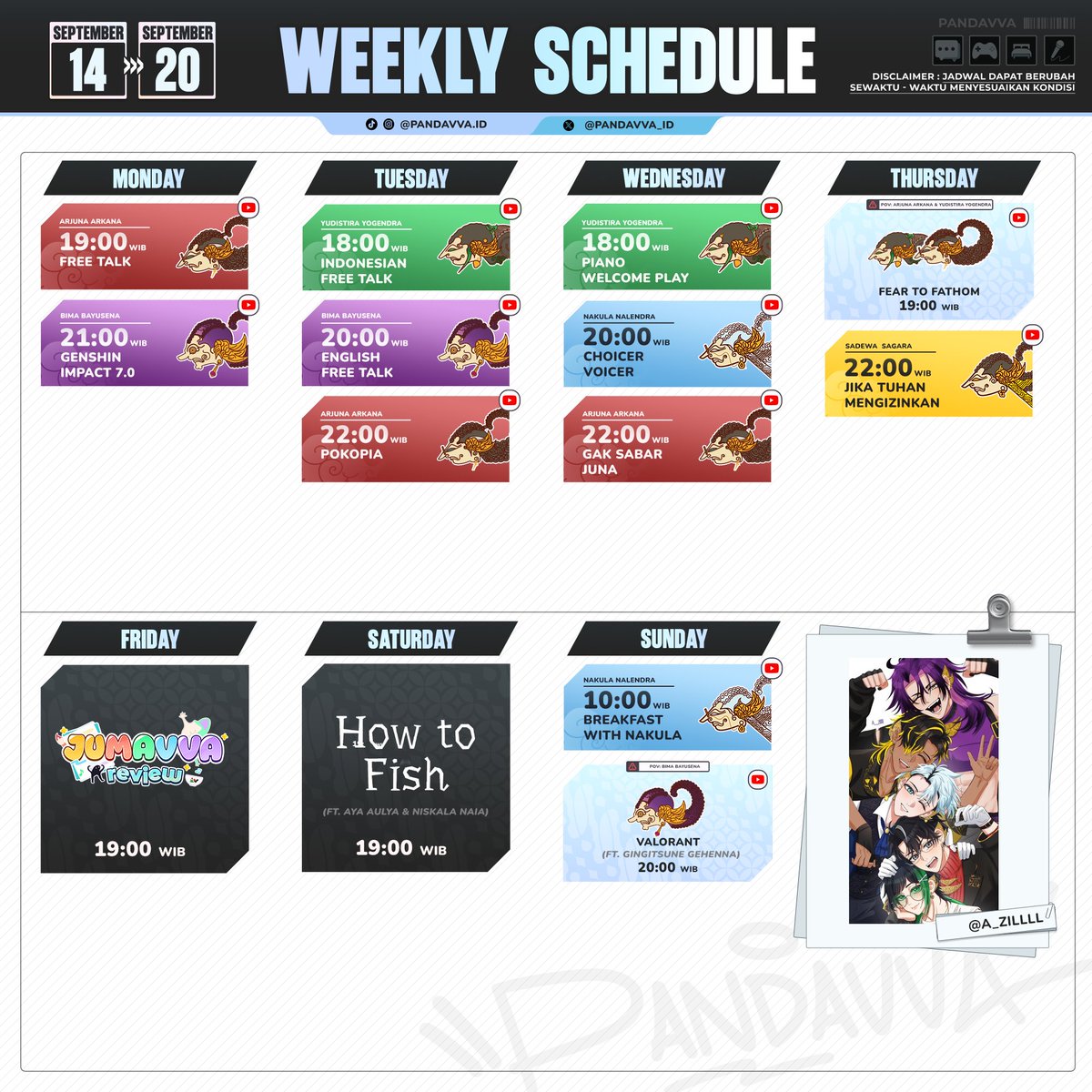 PANDAVVA_ID's tweet photo. ꧁༺ 𝐖𝐞𝐞𝐤𝐥𝐲 𝐒𝐜𝐡𝐞𝐝𝐮𝐥𝐞 ༻꧂  
:: 14 September - 20 September 2026 ::

█▓▒­░ 𝐇𝐚𝐬𝐡𝐭𝐚𝐠𝐬 ░▒▓█  
⚔️ General: #PANDAVVA 
🎨 Art: #MEVVARNAI 
😂 Meme: #KETAVVA 
🖊️ AU/Fanfic: #PANDAVVRITES
🎥 Clips: #PANDAVVACLIP 
🥳 JUMAVVA: #JUMAVVA https://t.co/57ZKFituyP