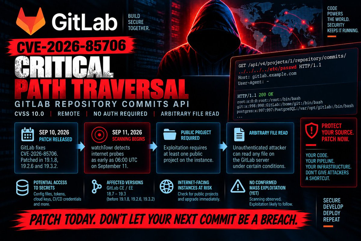 stem__shop's tweet photo. 🔴 GitLab CVE-2026-85706 — CVSS 10.0

Critical unauthenticated path traversal can expose arbitrary files and sensitive secrets on vulnerable GitLab servers. Internet scanning started almost immediately 

https://t.co/QIAAvbiufZ

#CVE #CVE202685706 #GitLab #CyberSecurity #InfoSec https://t.co/3lgfhFuY8E