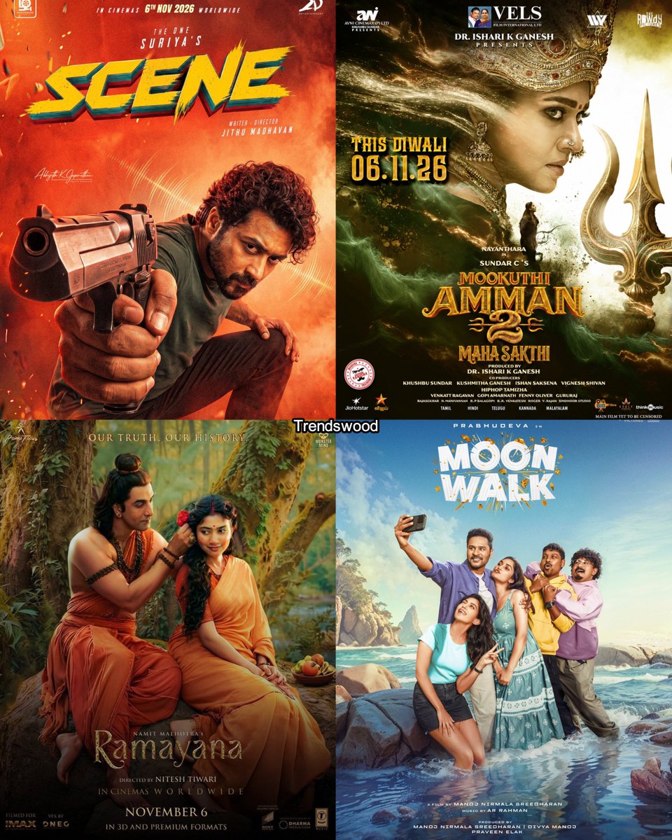 Trendswoodcom's tweet photo. OFFICIALLY CONFIRMED DIWALI RELEASES ❤️‍🔥

#Scene 
#MookuthiAmman2 
#Ramayana 
#MoonWalk https://t.co/d4TNC4TN4c