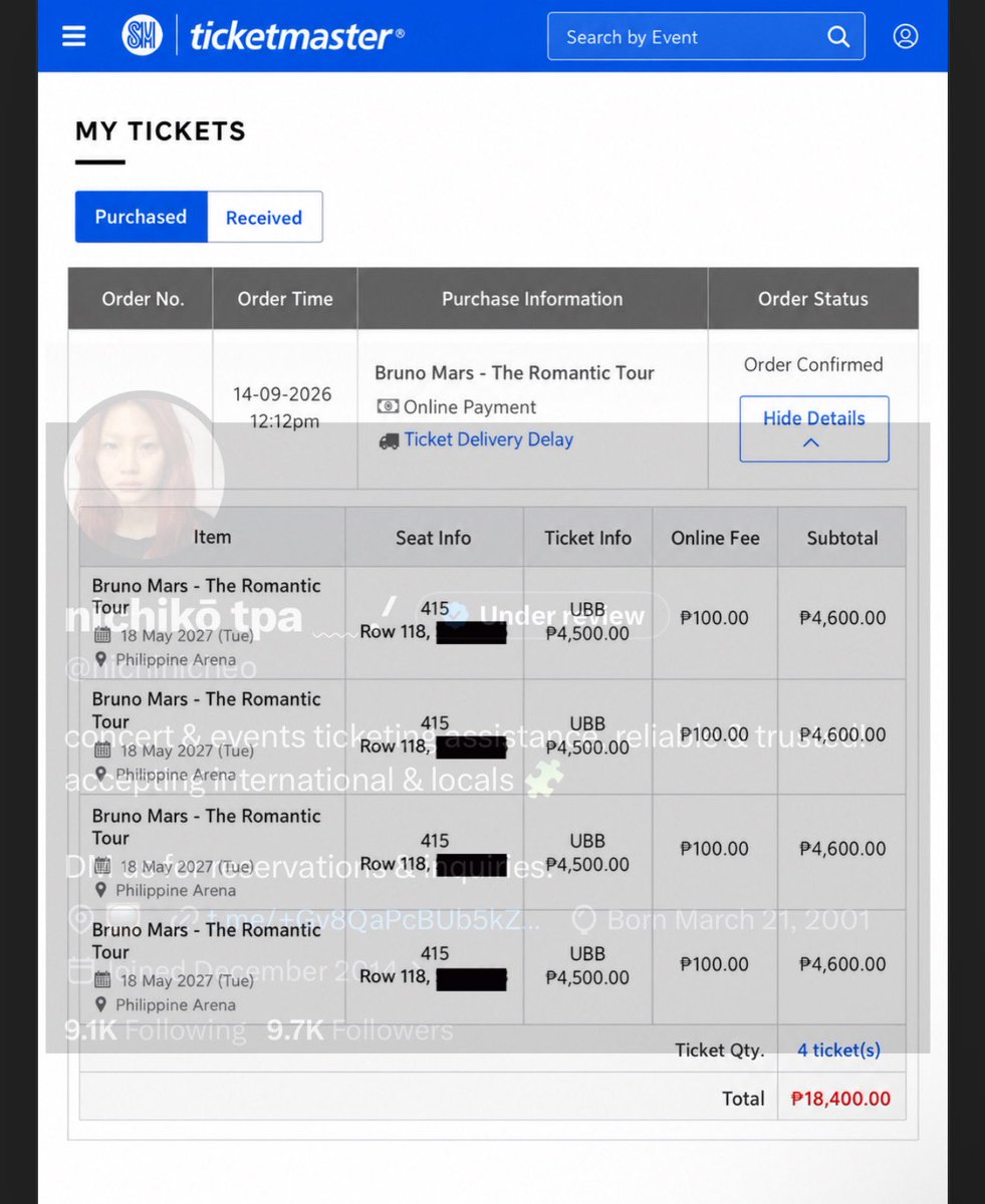 chi__assists's tweet photo. wts lfb ph for sale htb

Bruno Mars - The Romantic Tour PH 🇵🇭
May 18, 2027 / Day 3

UBB Ticket (4)
Row 118
magkakatabing seats 

DM me if interested 

#TheRomanticTourPH #BrunoMarsInManila https://t.co/t5Cle4ujzn