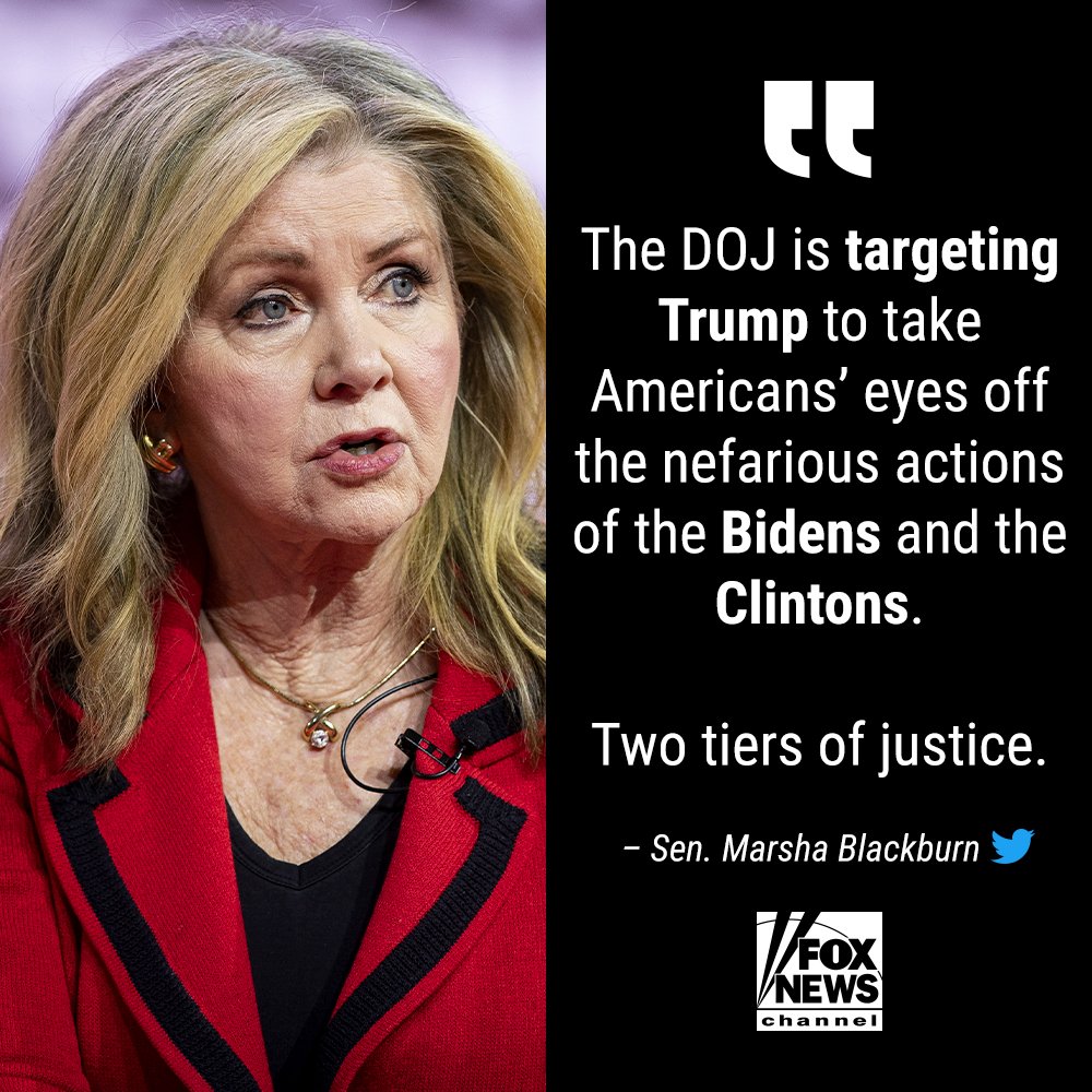 OpenEyes84722's tweet photo. 'DEFLECT AND DISTRACT': Sen. @MarshaBlackburn slams the DOJ for latest Trump indictment while looking the other way on the famous families of the Democratic party. https://t.co/nsbxRJqg2d