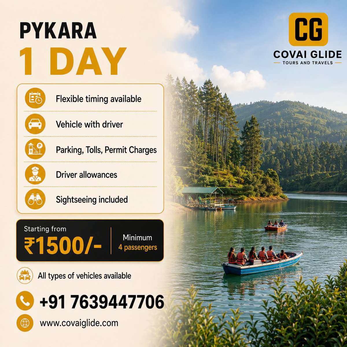 covaiglide's tweet photo. Pykara 1 Day Tour from Coimbatore

₹1,500/person | Min. 4
✓ Private vehicle
✓ Pickup &amp; drop
✓ Pykara Lake &amp; Falls
✓ Nilgiris sightseeing

→ https://t.co/6rxbQAivRl
#Pykara #CovaiGlide https://t.co/fiODMDAPt2
