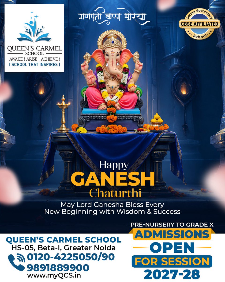 QCSSchool's tweet photo. May Lord Ganesha bless every home with wisdom, prosperity, happiness, and the strength to overcome every obstacle. Wishing everyone a blessed and joyous Ganesh Chaturthi. 🙏✨

#HappyGaneshChaturthi #GaneshChaturthi #FestiveWishes #QueensCarmelSchool https://t.co/HJQ3aYu169