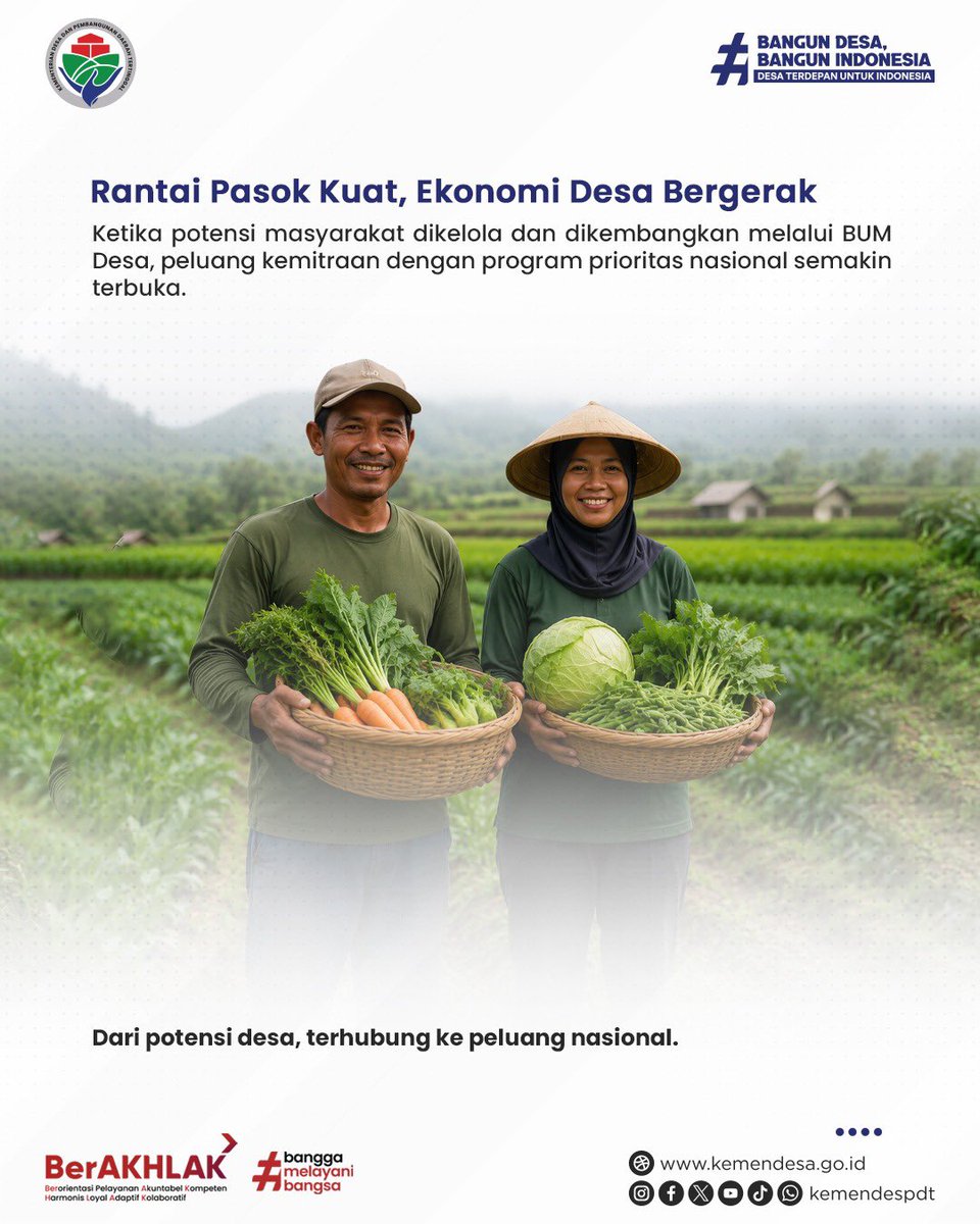 kemendespdt's tweet photo. Potensi desa bukan sekadar untuk memenuhi kebutuhan lokal, tetapi juga memiliki peluang terhubung dengan rantai pasok program prioritas nasional. https://t.co/fFWaSKaujc