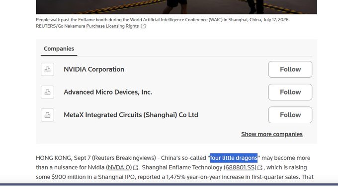 topquantinu's tweet photo. China just got a new Doge-style AI stock mascot called the “Four Little Dragons”

the name refers to four Chinese GPU companies building the country’s answer against Nvidia

all four are now public and have become one of China’s hottest AI-chip stock trades

https://t.co/qrJHgXtNrV