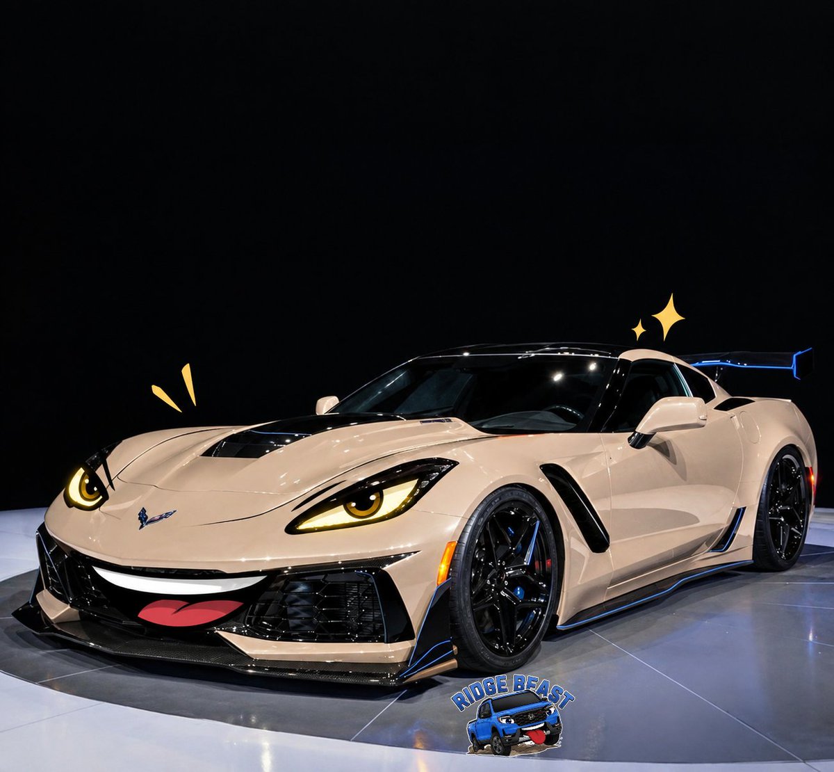Artafv91276's tweet photo. This handsome Corvette is truly a head-turner! 🖤🔥 Check out its incredibly cool appearance under the show lights, is anyone else a fan of this sports car? 🏎️✨ 

#livingmachine 
#chevrolet 
#corvette https://t.co/Cg2fFQAcEl