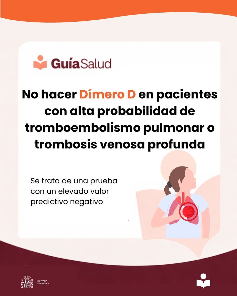 GuiaSalud's tweet photo. El dímero D es una prueba con un elevado valor predictivo negativo, lo que la convierte en una herramienta útil para descartar la enfermedad cuando la probabilidad clínica es baja o intermedia.

Sin embargo, en pacientes con alta sospecha clínica, se recomienda no hacerla. https://t.co/kObB8zcFbB