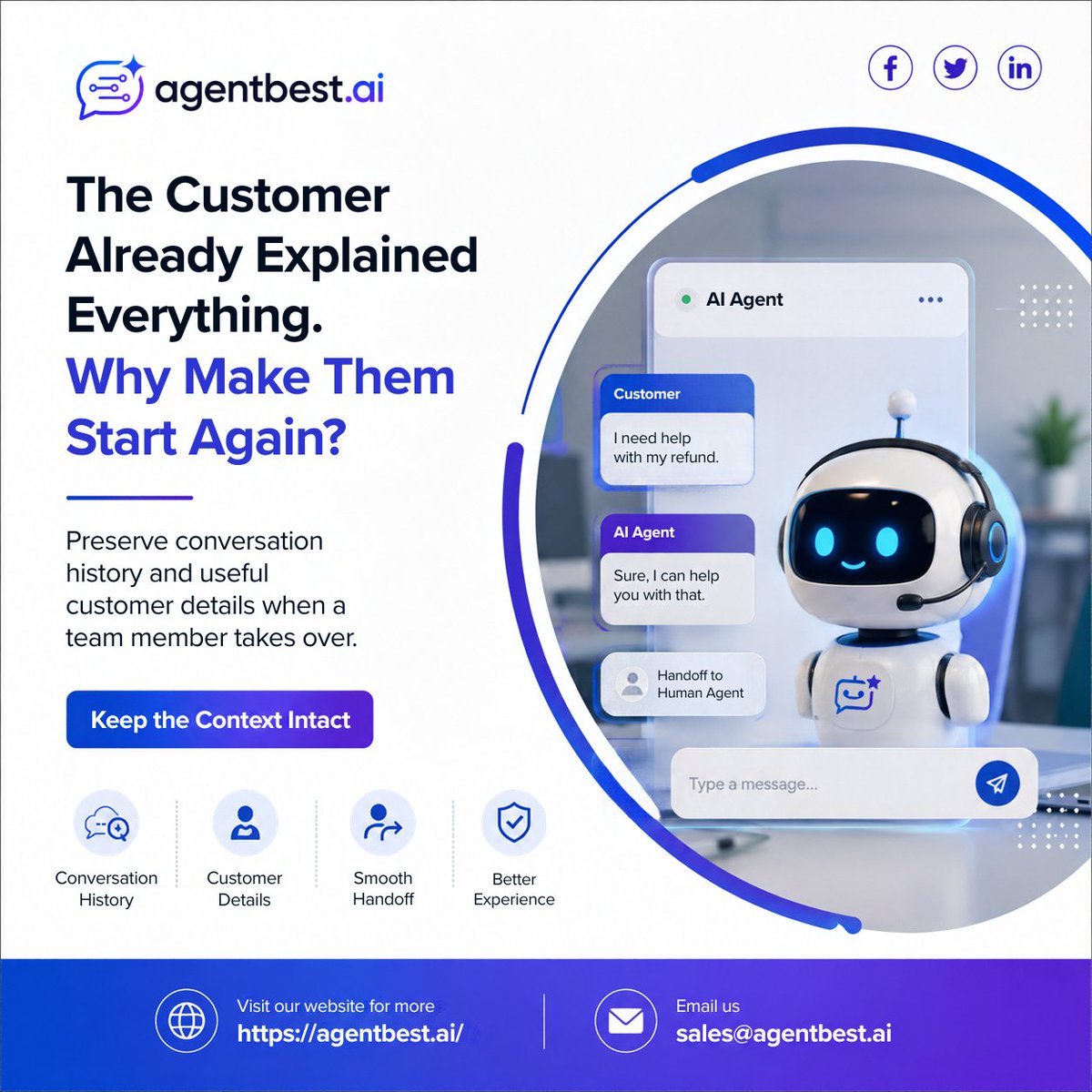 AgentBestAI's tweet photo. Customers shouldn’t have to repeat themselves when a human takes over.

https://t.co/bRp7HKBqbG helps preserve conversation context so handoffs feel smoother and support stays consistent.

#AIAgent #CustomerSupport #AgentBestAI https://t.co/ALfZN40w8R