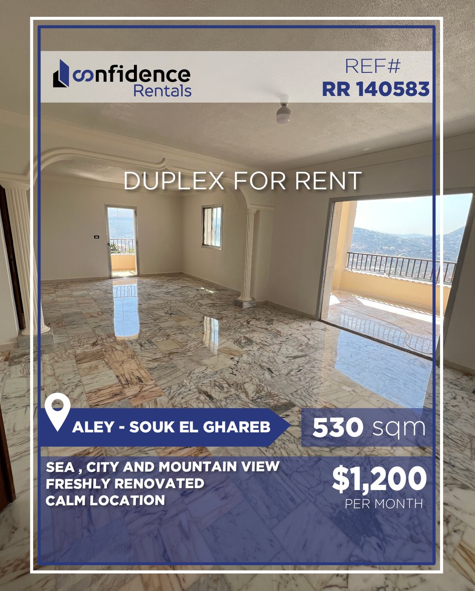confidence_cre's tweet photo. Rental price per month : 1200$ + 1 month commission
530 sqm Duplex for rent | Souk El Gharb, Aley
For more information call us:
71000850
REF#RR140583
#SoukElGharb #Aley #AleyRealEstate #DuplexForRent #LebanonRealEstate #LebanonProperty 
#CONFIRR
A https://t.co/7yftb8rbBO