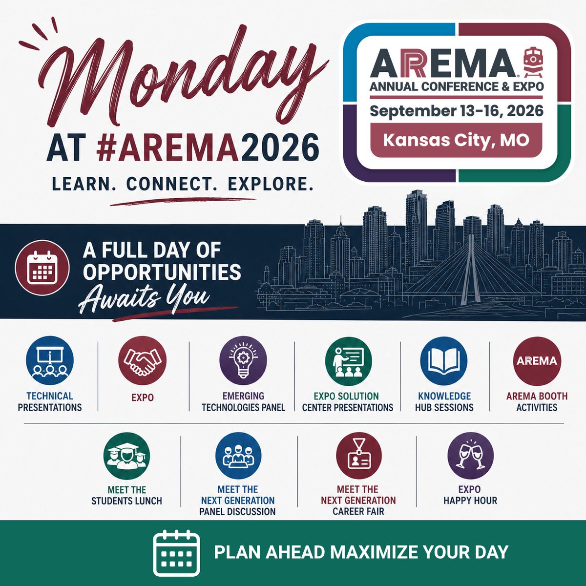 AREMArail's tweet photo. Monday at #AREMA2026 is officially underway.

Today is packed with Technical Presentations, the Expo, the Emerging Technologies Panel, Expo Solution Center presentations, Knowledge Hub sessions, and opportunities to connect throughout the day.

[https://t.co/kFlYAswKix) https://t.co/0nVPwOL7sz