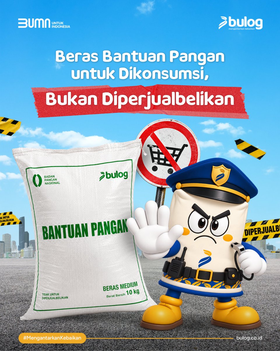 PerumBULOG's tweet photo. 🚨 Ninu ninu… yang ini jangan dijual lagi ya! 🚨

Beras Bantuan Pangan diberikan untuk membantu memenuhi kebutuhan pangan keluarga penerima, sehingga bukan untuk diperjualbelikan kembali maupun dialihkan untuk kebutuhan lainnya. Jika menemukan dugaan Beras Bantuan Pangan diperjualbelikan atau digunakan tidak sesuai peruntukannya, masyarakat dapat melaporkannya kepada Dinas Sosial, dinas yang membidangi pangan, atau pemerintah desa/kelurahan setempat.