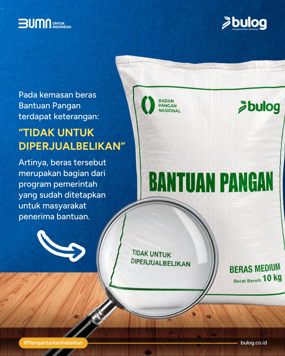 PerumBULOG's tweet photo. 🚨 Ninu ninu… yang ini jangan dijual lagi ya! 🚨

Beras Bantuan Pangan diberikan untuk membantu memenuhi kebutuhan pangan keluarga penerima, sehingga bukan untuk diperjualbelikan kembali maupun dialihkan untuk kebutuhan lainnya. Jika menemukan dugaan Beras Bantuan Pangan diperjualbelikan atau digunakan tidak sesuai peruntukannya, masyarakat dapat melaporkannya kepada Dinas Sosial, dinas yang membidangi pangan, atau pemerintah desa/kelurahan setempat.