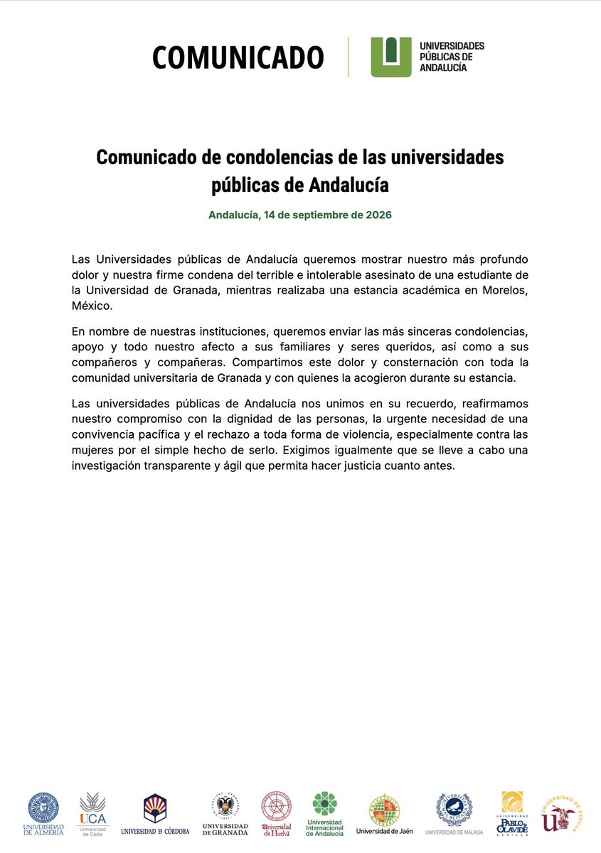 InfoUMA's tweet photo. ⚫ Nos unimos al dolor por el asesinato de una estudiante de la Universidad de Granada mientras realizaba una estancia académica en Morelos (México).

Nuestras más sinceras condolencias y afecto para sus familiares, así como para sus compañeros/as.

@UnisAndalucia https://t.co/irWwWFJgFV