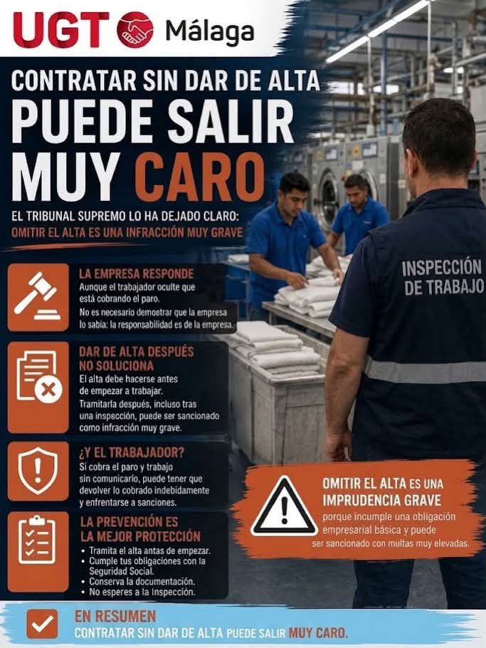 ugtmalaga's tweet photo. 📌 Contratar sin dar da alta puede salir muy caro. Te informamos desde UGT Málaga. https://t.co/vO5PVrKJlR