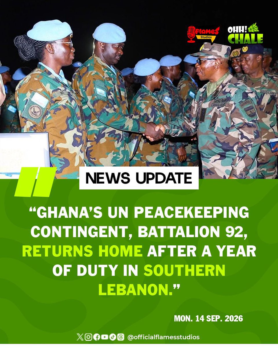 flamesstudios's tweet photo. 🇬🇭 Ghana’s Battalion 92 returns home after a year in Lebanon.

🌍 BRICS leaders call for restraint in the Middle East.

🛢️ Iran-Gulf Hormuz talks postponed amid rising tensions.

🚨 Java Sea ferry sinks; 6 dead, around 140 missing.

#FlamesStudios #ohchale #morningbrief #news https://t.co/euGXgZL7Ov