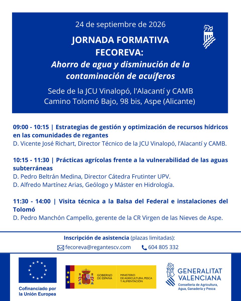 fecoreva's tweet photo. 📌💧 Jornada formativa a Asp sobre l'estalvi d'aigua i disminució de la contaminació d'aqüífers.

➡️📚 Es desenvolupa dins de les ajudes per a la transferència de coneixements del Pla Estratègic de la PAC 2023-2027.

✍🏼📩 Inscripcions en el correu fecoreva@regantescv.com https://t.co/eeOGsCmrij