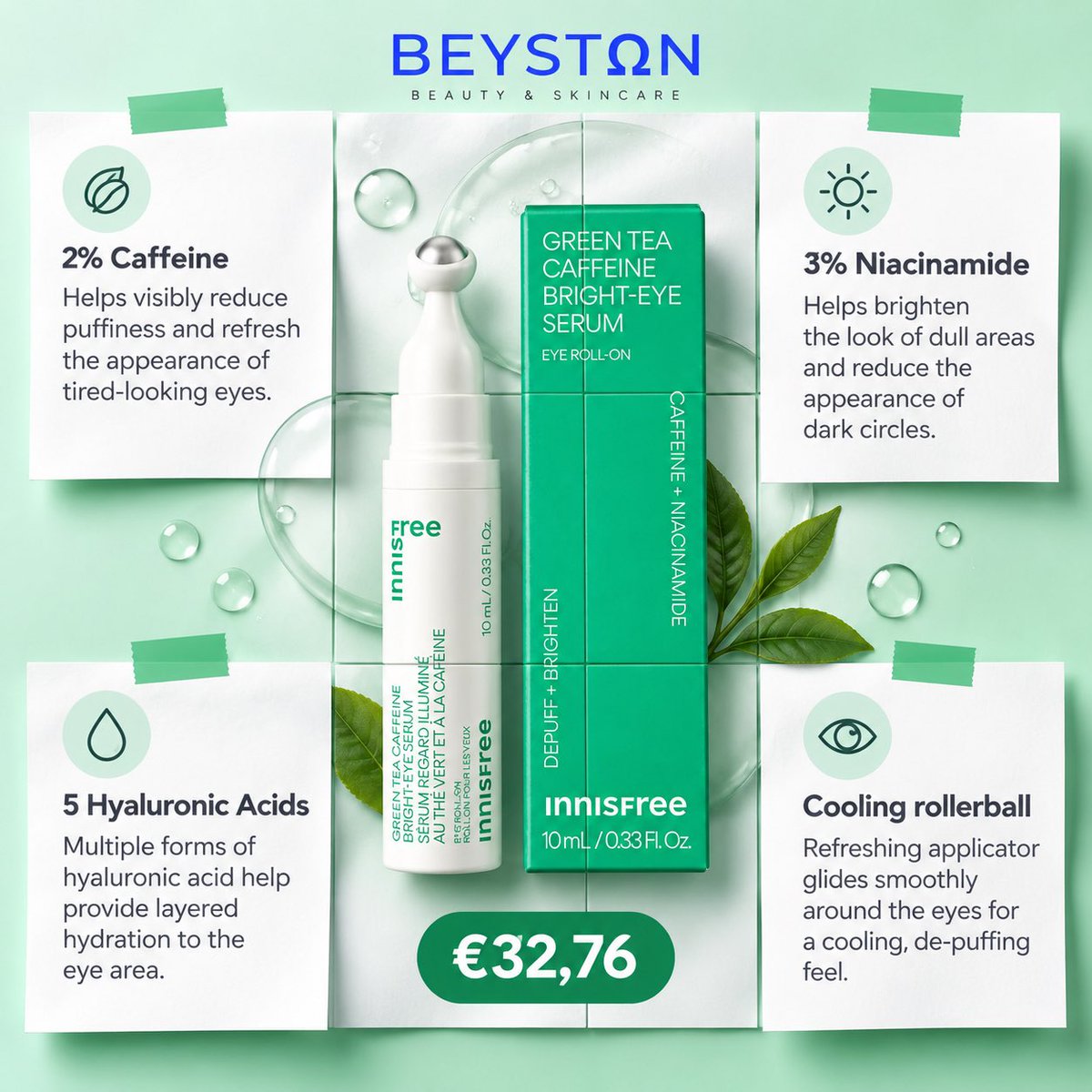 beystoncom's tweet photo. Brighten tired-looking eyes with innisfree Green Tea Caffeine Bright-Eye Serum 💚✨

Powered by 2% Caffeine + 3% Niacinamide + 5 Hyaluronic Acids, this refreshing eye roll-on helps visibly reduce puffiness, brighten the appearance of dark circles, and provide layered hydration. https://t.co/Paa0lcCVVR