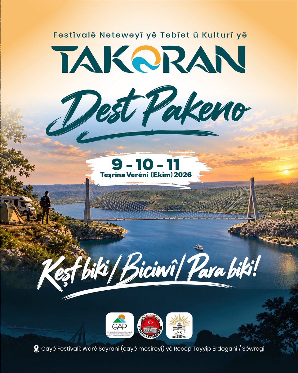 bucakalimurat82's tweet photo. Ma Takoran de yenê pêhet! 🌿

Bi manzaraya bêemsal ya Firatî, aramîya tebîetî û zengînîya kulturî ya Sêwregi ra ma qandê Festîvala Kultur û Tebîetî yê Takoranî amadekarîyanê xo domnenê.

🏕️ Kamp
🚐 Karavan
🛶 Kano
🎣 Masîgirîya sporî
🥾 Trekking
🎶 Muzîk û kultur

9-10-11 /10/ 2026 de Takoran de; qandê keşfkerdişê tebîetî, pîya ciwîyayene û arêdayîşê vîrameyîşanê rindikan ma paweyê şima yê.

Keşf bike. Biciwî. Pare bike.

📍 Takoran – Sêwregi
📅 9-10-11 /10/ 2026

#Takoran de hîkaye dest pêkena. 🌿

#Siverek